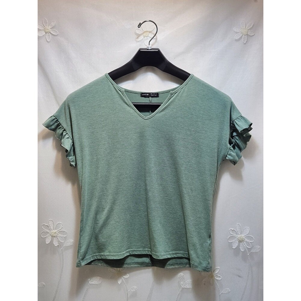 Shein Women Small Green Top Solid Casual Basic Plain Everyday Petal Tulip Sleeve